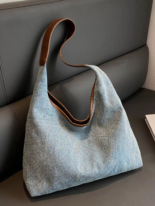 Denim Shoulder Bag with Leather Trim