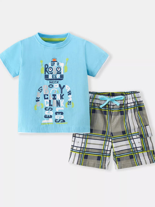 Children's Robot Short Sleeve T-Shirt & Plaid Shorts Set