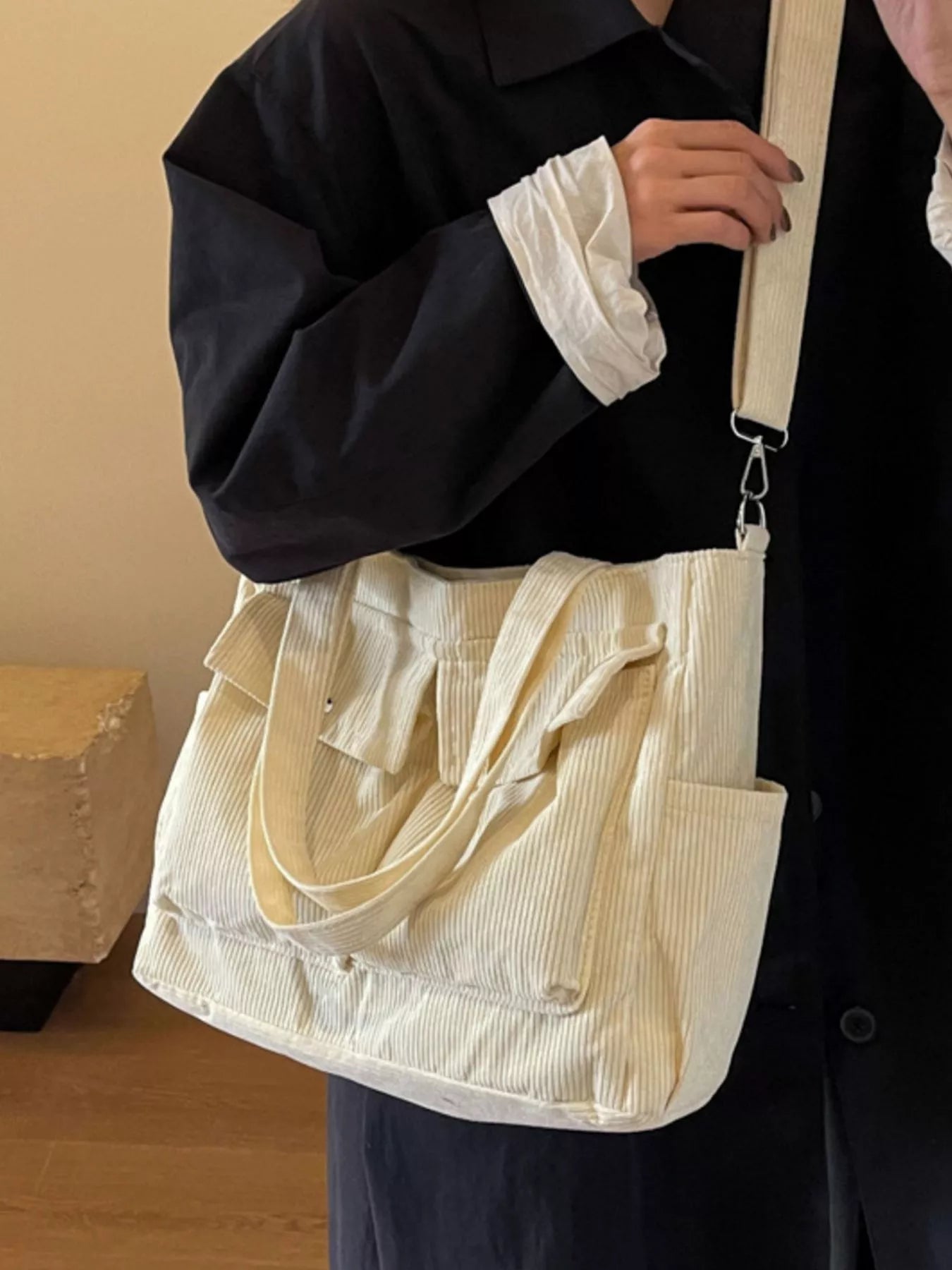 Corduroy Large Tote Bag with Adjustable Strap