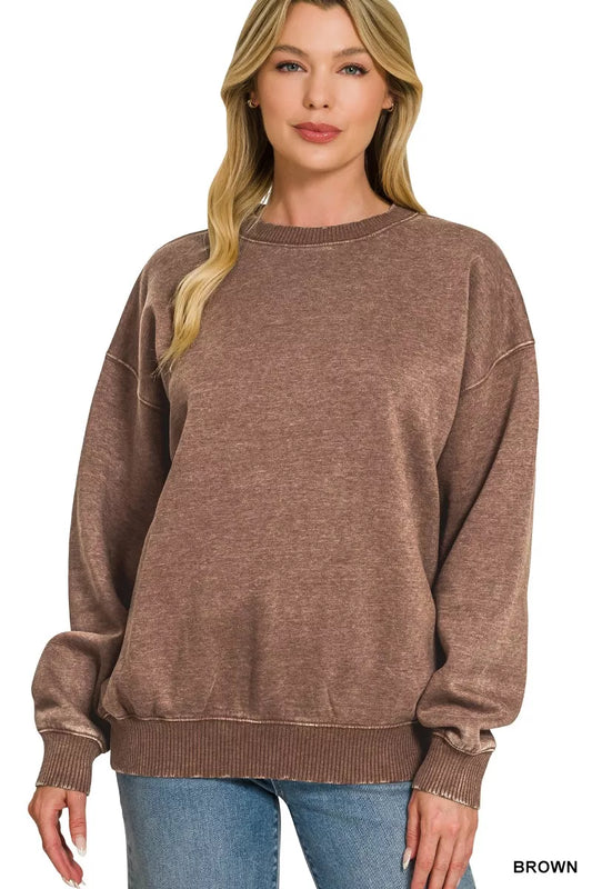 Zenana Fleece Acid Enzyme Washed Round Neck Sweatshirts
