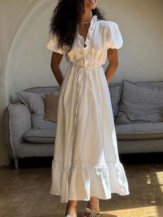 Tie Waist Puff Sleeve Maxi Dress