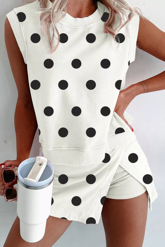 Ribbed Trim Polka Dot Print Tank Split Mini Skort 2pcs Set