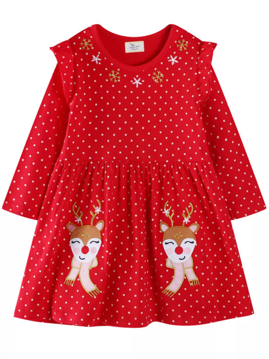 Children's Christmas Reindeer Polka Dot Long Sleeve Dress
