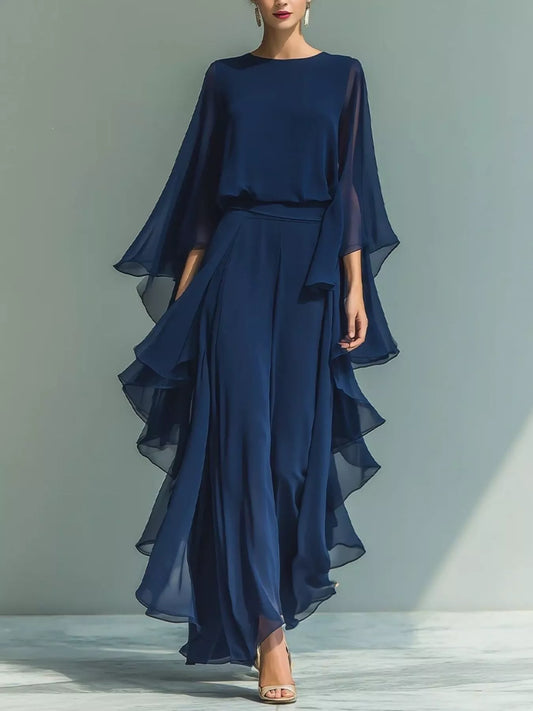 Ruffled Chiffon Long Sleeve Top and Pants Set