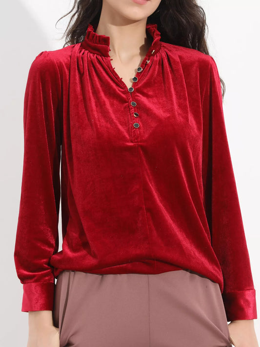 Elegant Velvet Ruffle Neck Blouse