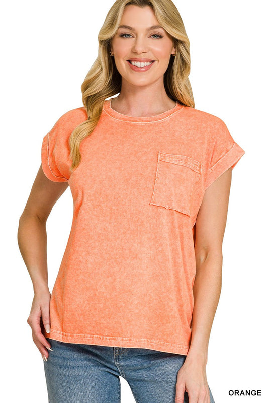 Zenana Halo Snow Washed Cuffed Short Sleeve Tee