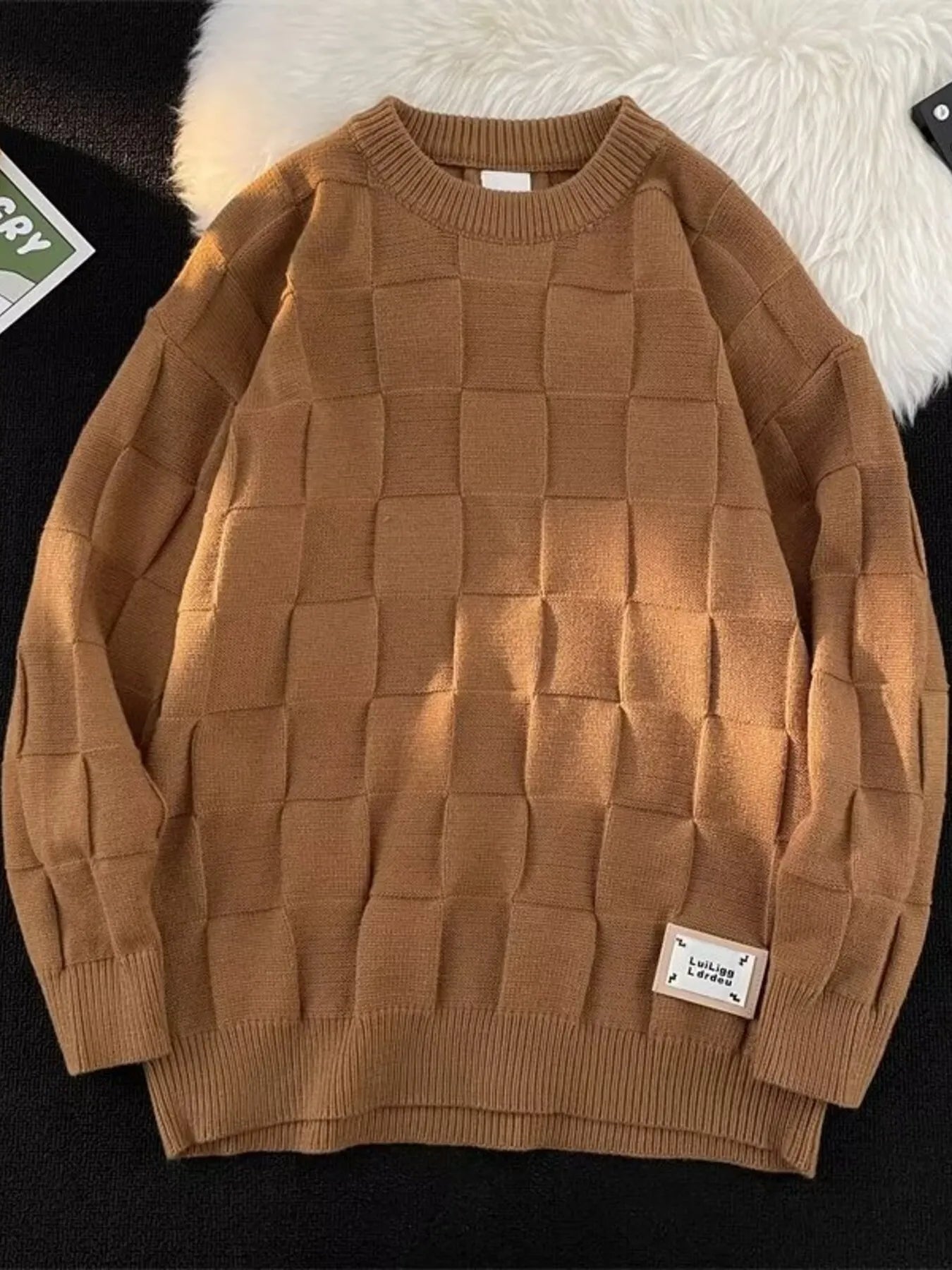 Textured Grid Pattern L;ong Sleeve Sweater