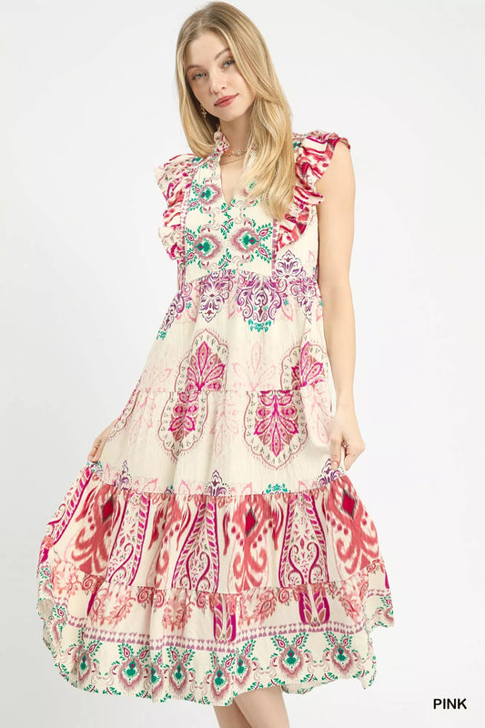 Umgee Boho Boarder Print Ruffle Midi Dress
