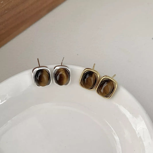 Square Tiger Eye Stud Earrings