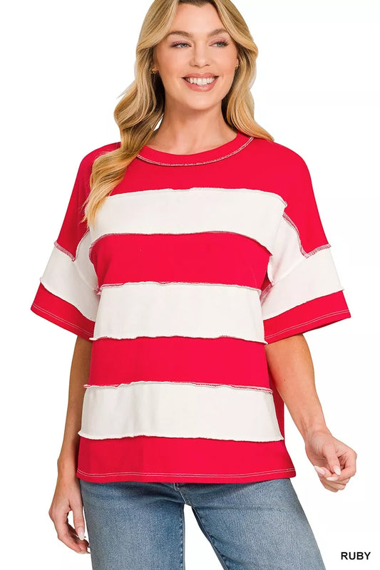 Zenana French Terry Striped Exposed Seam Top