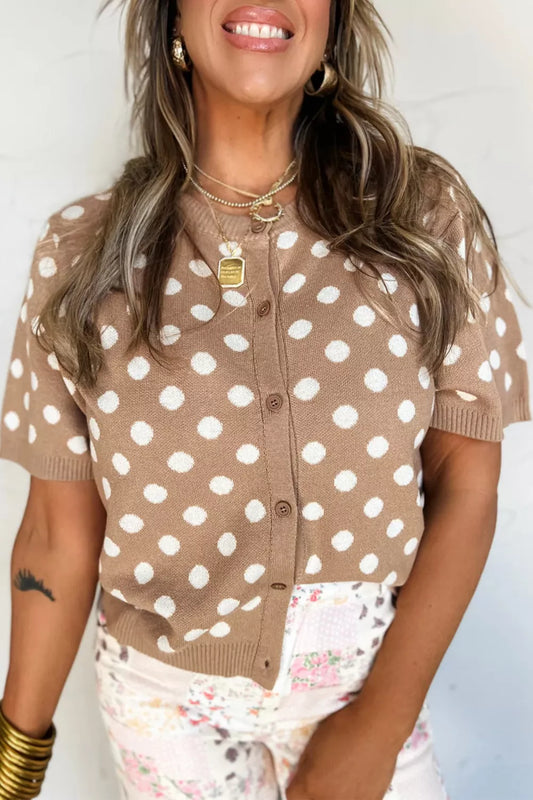 Polka Dot Short Sleeve Button Down Sweater Cardigan