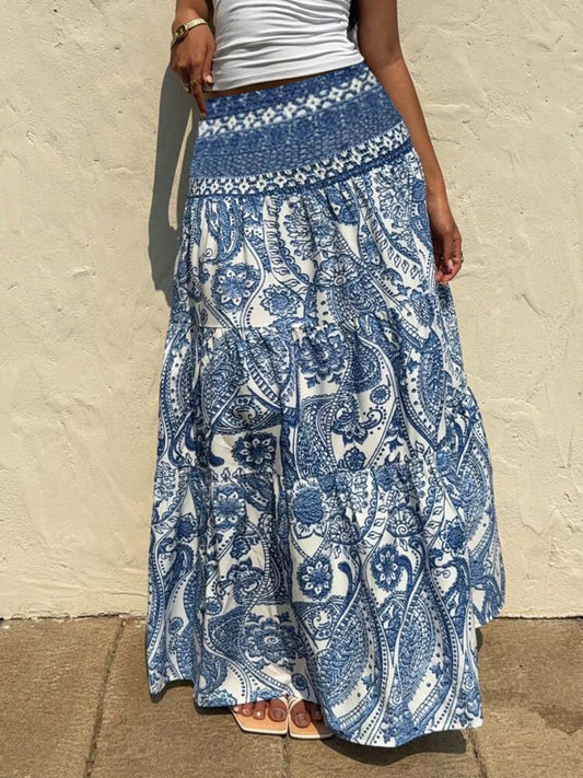 Paisley Print Tiered Maxi Skirt