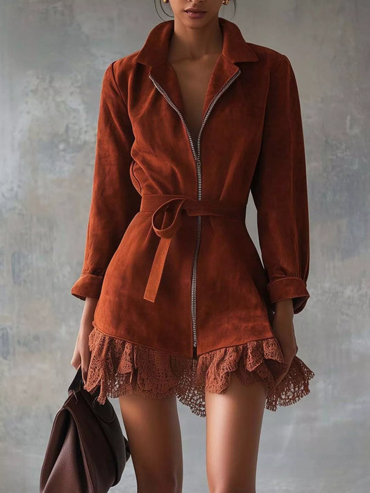 Lace-Trim Zip Front Dress