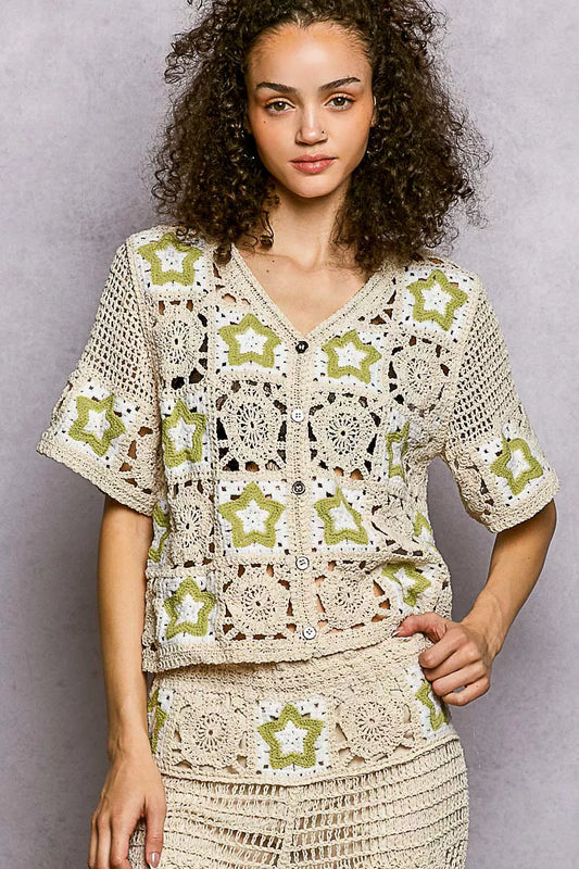 POL Button Front V-Neck Crochet Cardigan with Contast Star