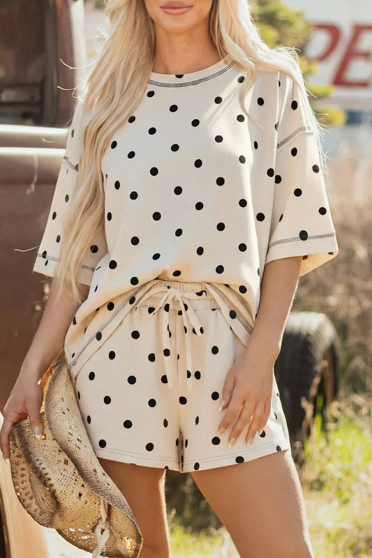 Exposed Seam Detail Polka Dot Loose Tee Drawstring Shorts Set