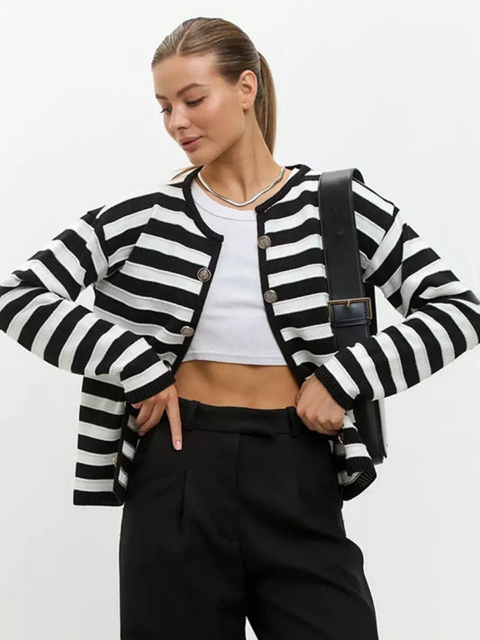 Striped Button-Down Knit Cardigan