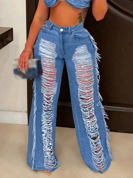 Distressed Wide-Leg Jeans