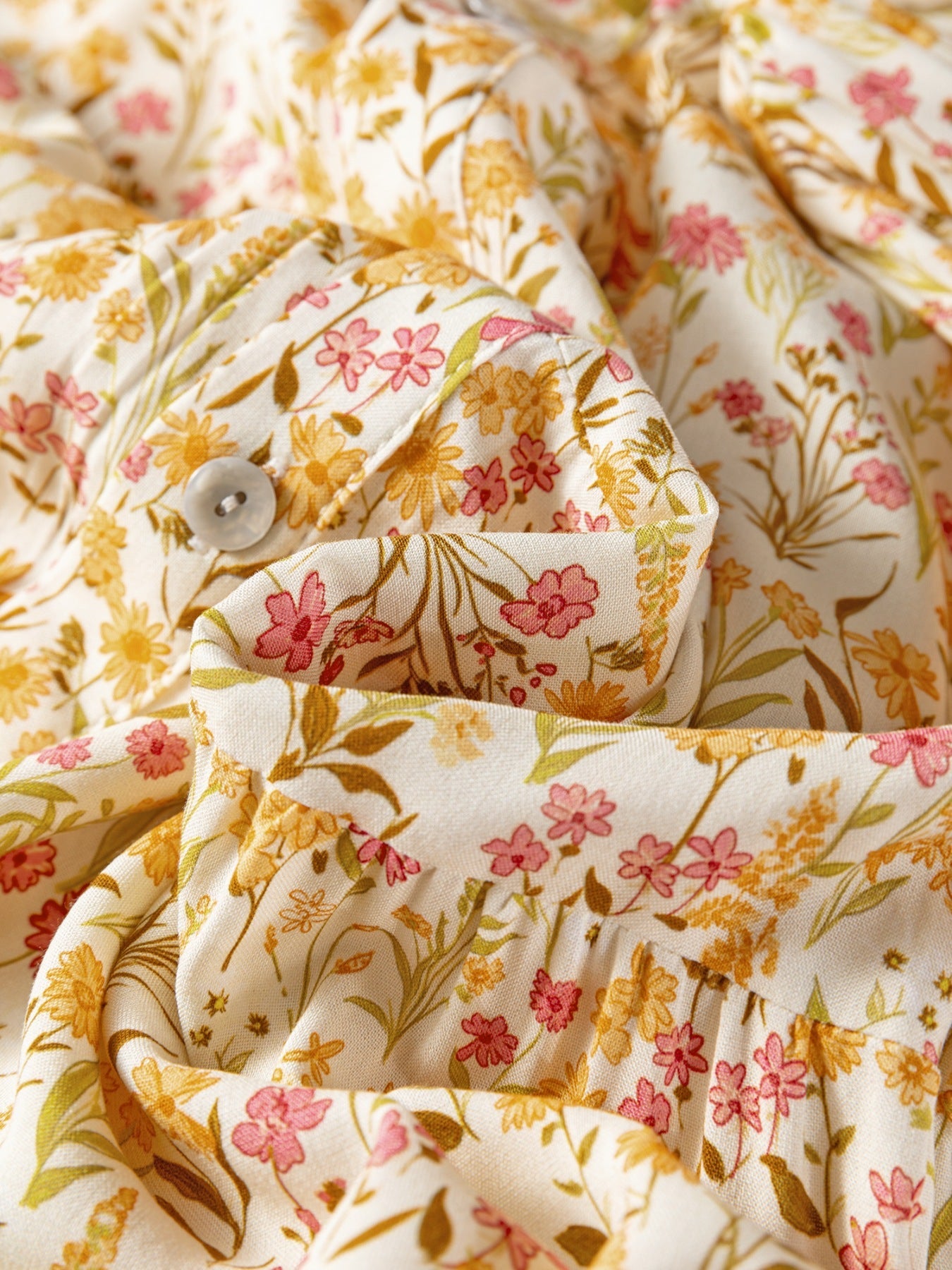 Floral Print Frilly Trim Smocked Cuff Long Sleeve Loose Shirt Dress