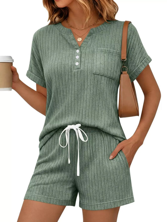 Casual Ribbed Knit Tee and Shorts Set
