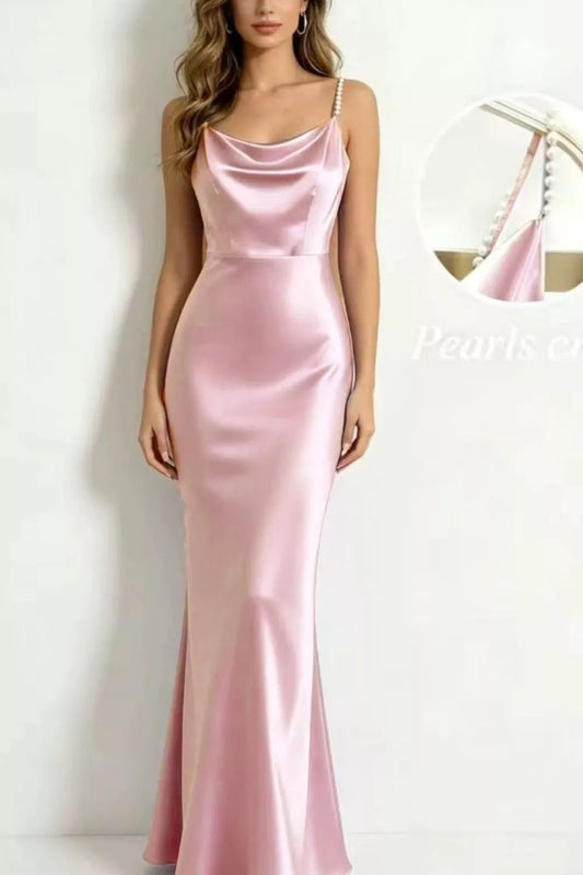 Pearl Strap Cowl Neck Satin Maxi Dress