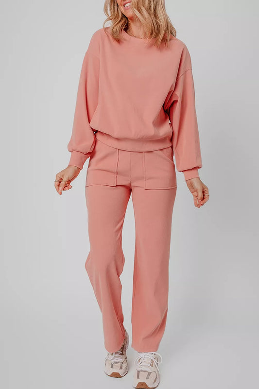 Ribbed Round Neck Top and Pants Set