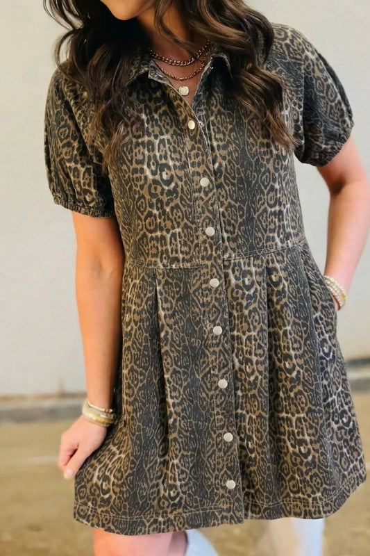 Leopard Print Puff Sleeve Denim Dress