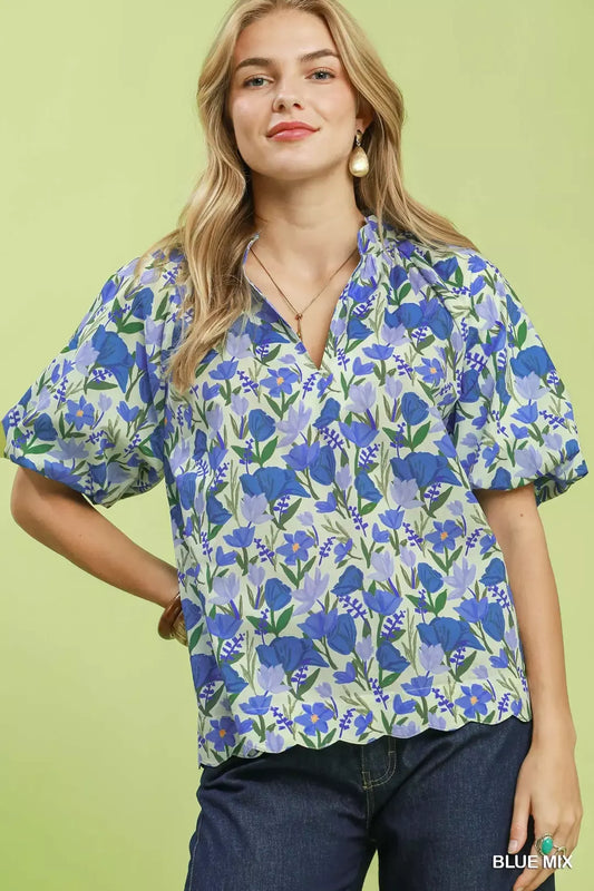 Umgee Floral Puff Sleeve Blouse with Scalloped Details