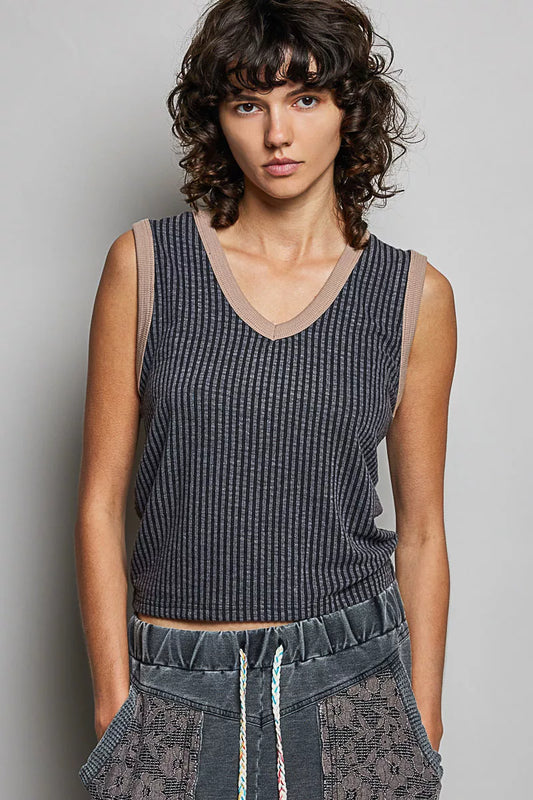 POL V-Neck Contrast Ribbed Sleeveless Tank
