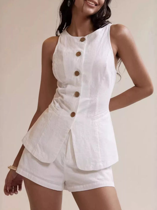 Button-Down Sleeveless Top and Shorts Set