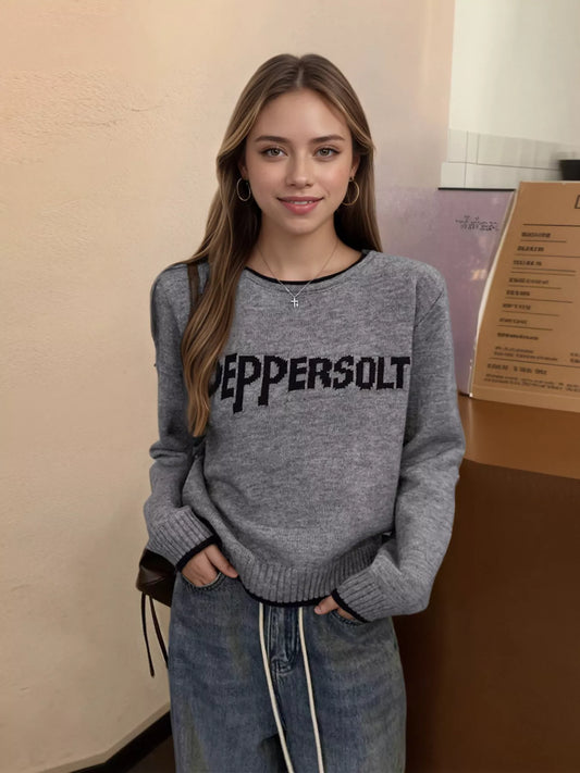 Letter Contrast Trim Round Neck Sweater
