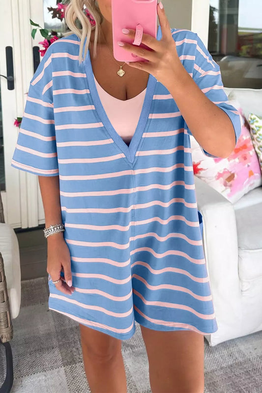 Striped V-Neck Half Sleeve Romper