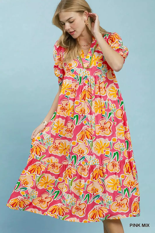 Umgee Floral Print Puff Sleeve Tiered Midi Dress