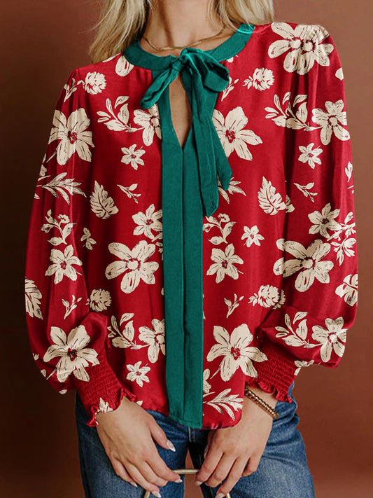 Contrast Tied Neck Shirred Puff Sleeve Flower Blouse