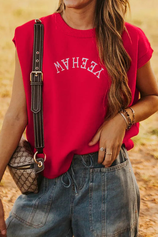 Letter Embroidered Sleeveless Knit Sweater Vest