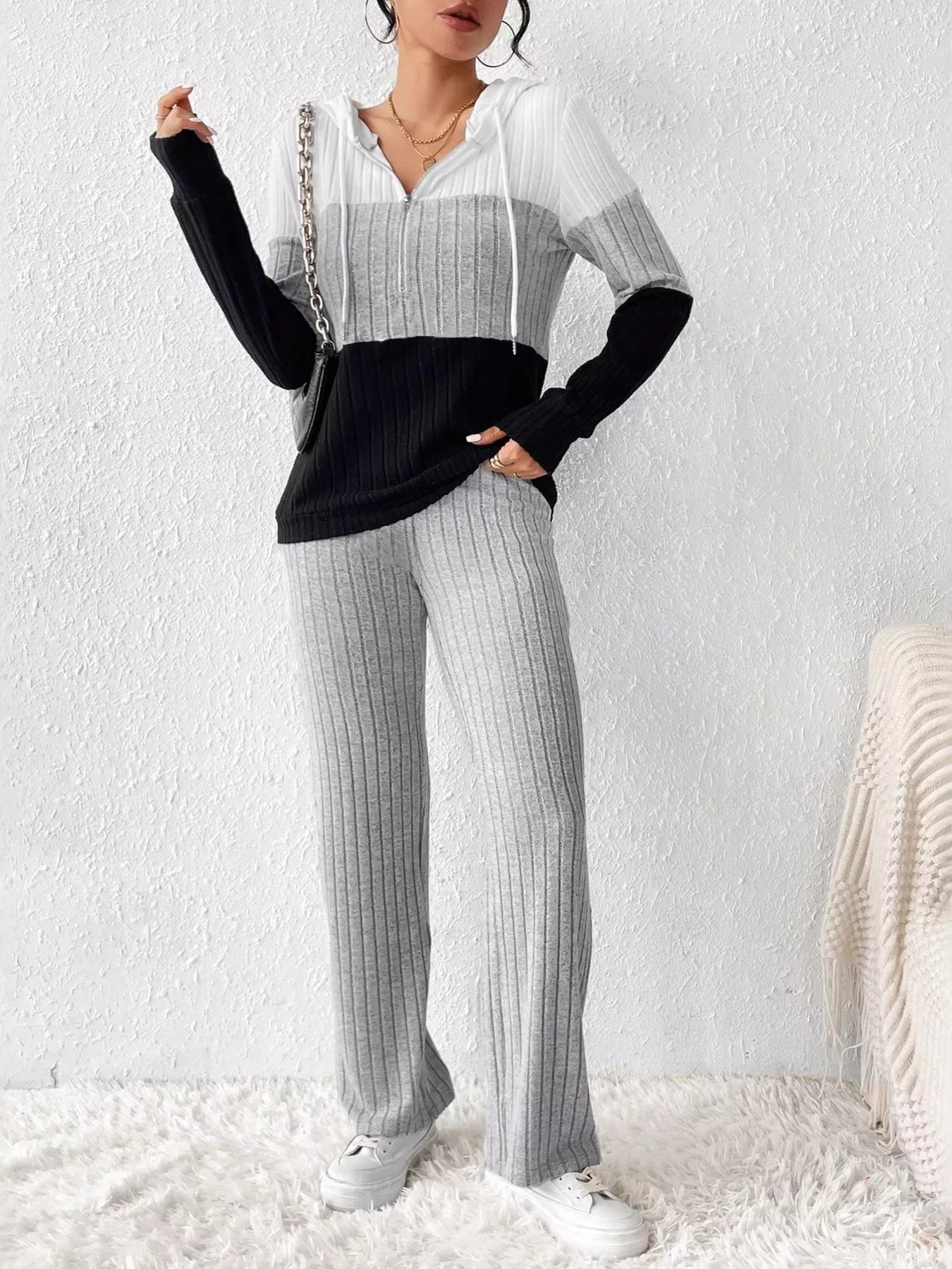 Color Block Half Zip Hooded Top and Pants Set