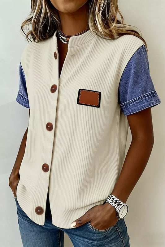 Ribbed Knit Button-Down Shirt with Denim Sleeves