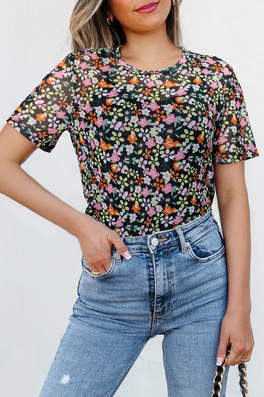 Cami and Sheer Floral Mesh Round Neck Top Set