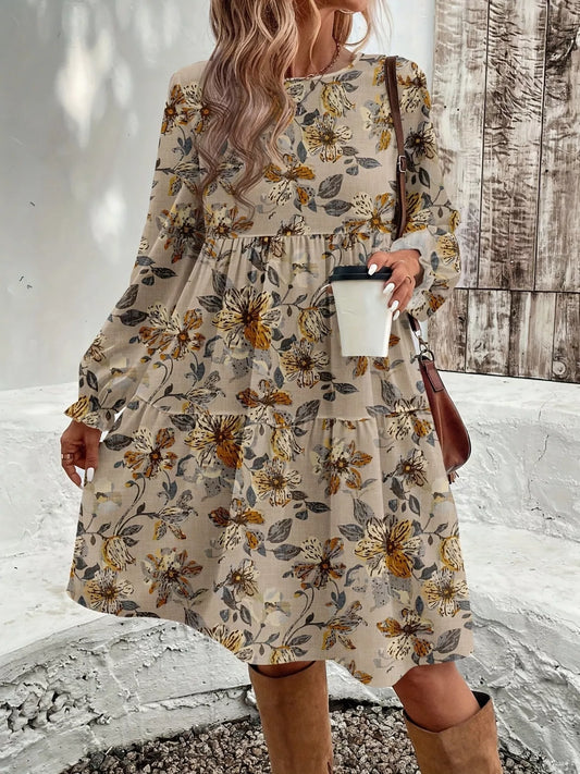 Floral Print Tiered Ruffle Hem Long Sleeve Dress
