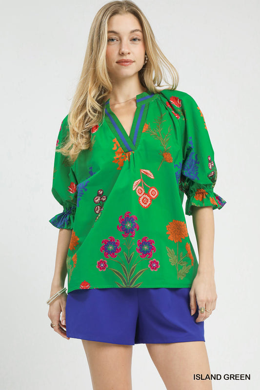 Umgee Floral Split Neck Puff Sleeve Top