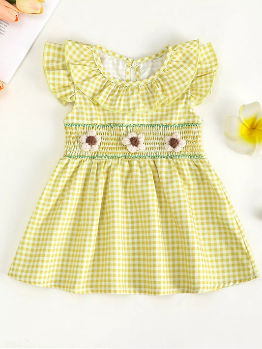 Children's Gingham Ruffle Dress with Floral Appliques