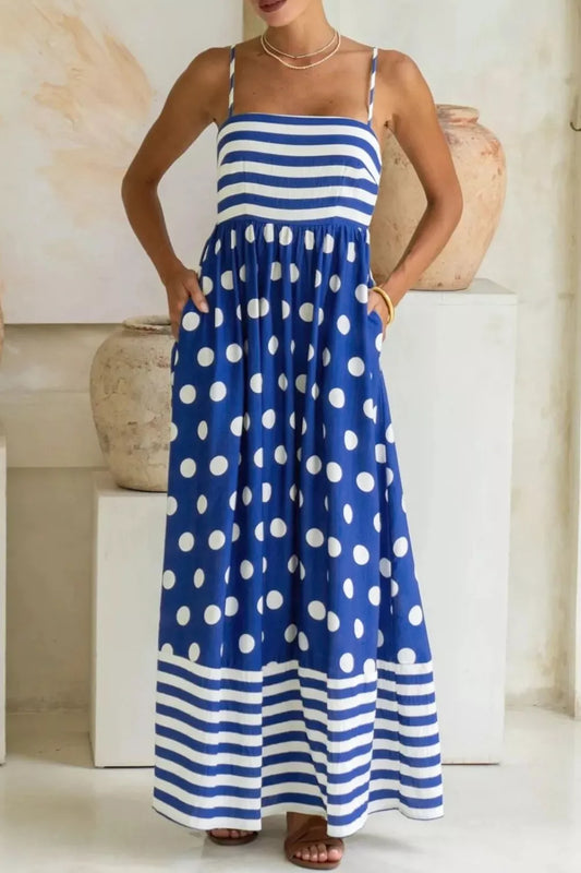 Striped Polka Dot Patchwork High Waist Spaghetti Straps Maxi Dress