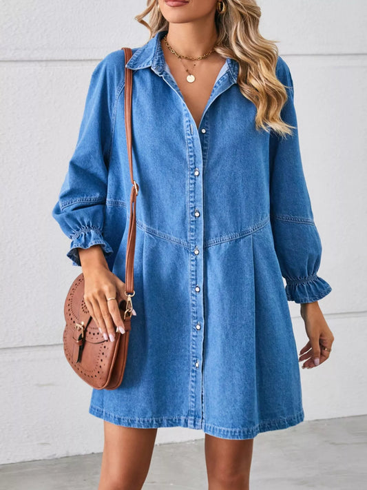 Button-Front Ruffle Cuff Denim Dress