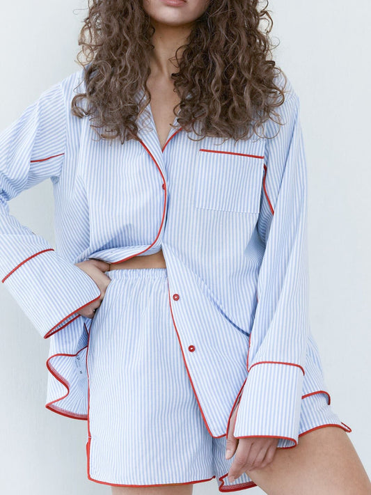 Striped Contrast Trim Top and Shorts Lounge Set