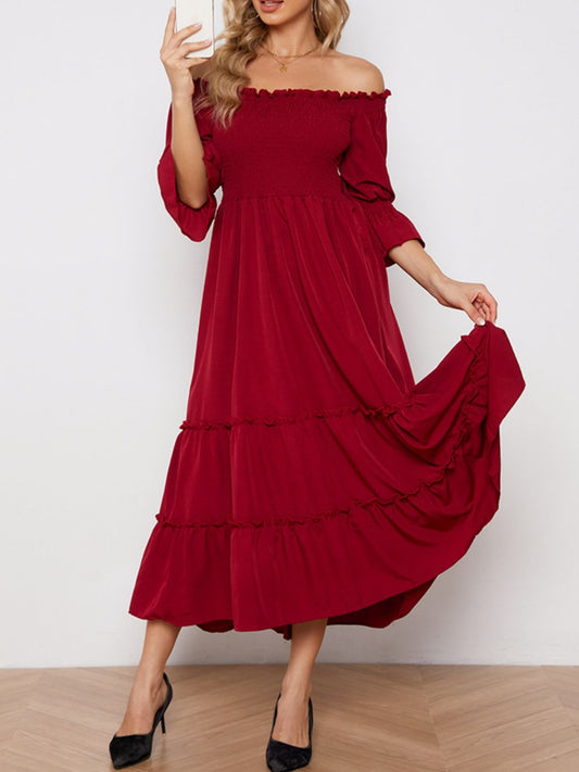 Smocked Off-Shoulder Ruffle Hem Midi Dress