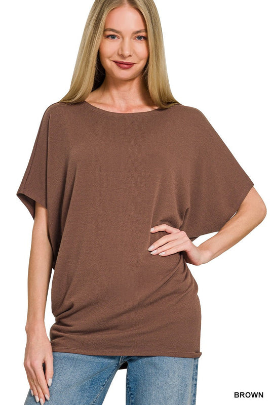 Zenana Hacci Dolman Sleeve Boat Neck Top