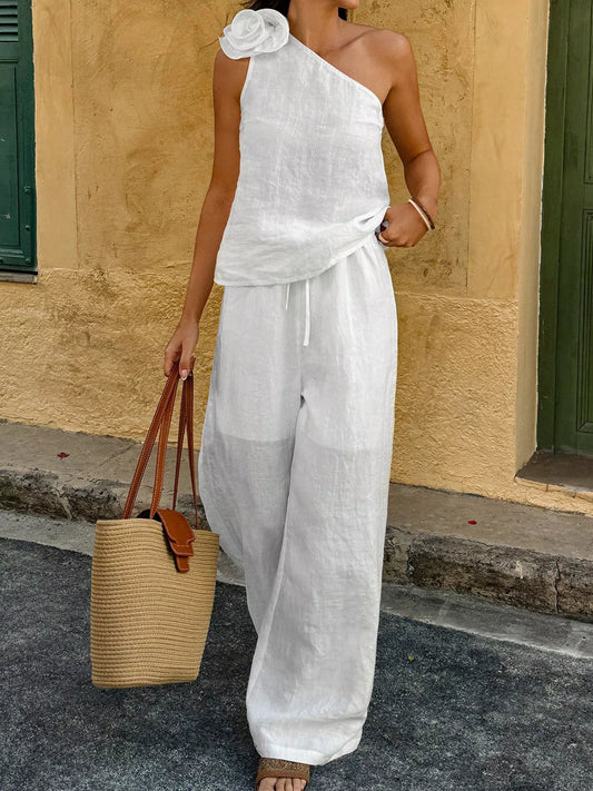 One-Shoulder Floral Embellished Top and Pants Set