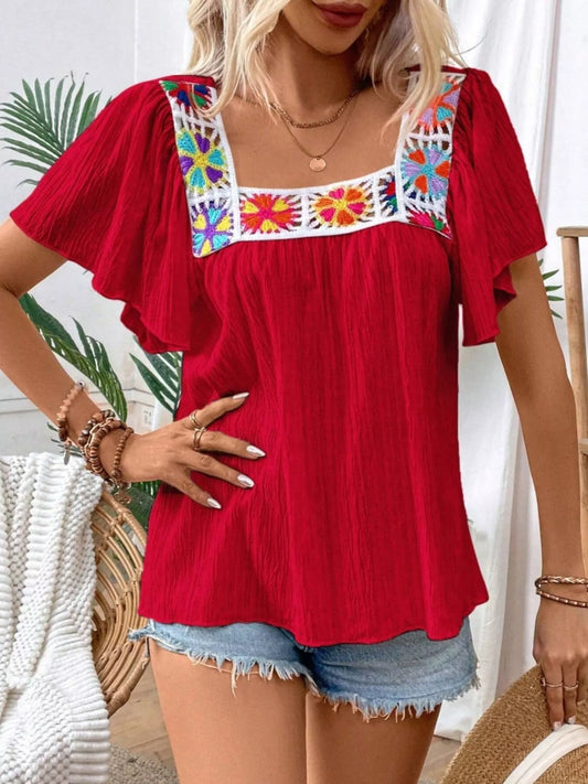 Embroidered Square Neck Flutter Sleeve Blouse