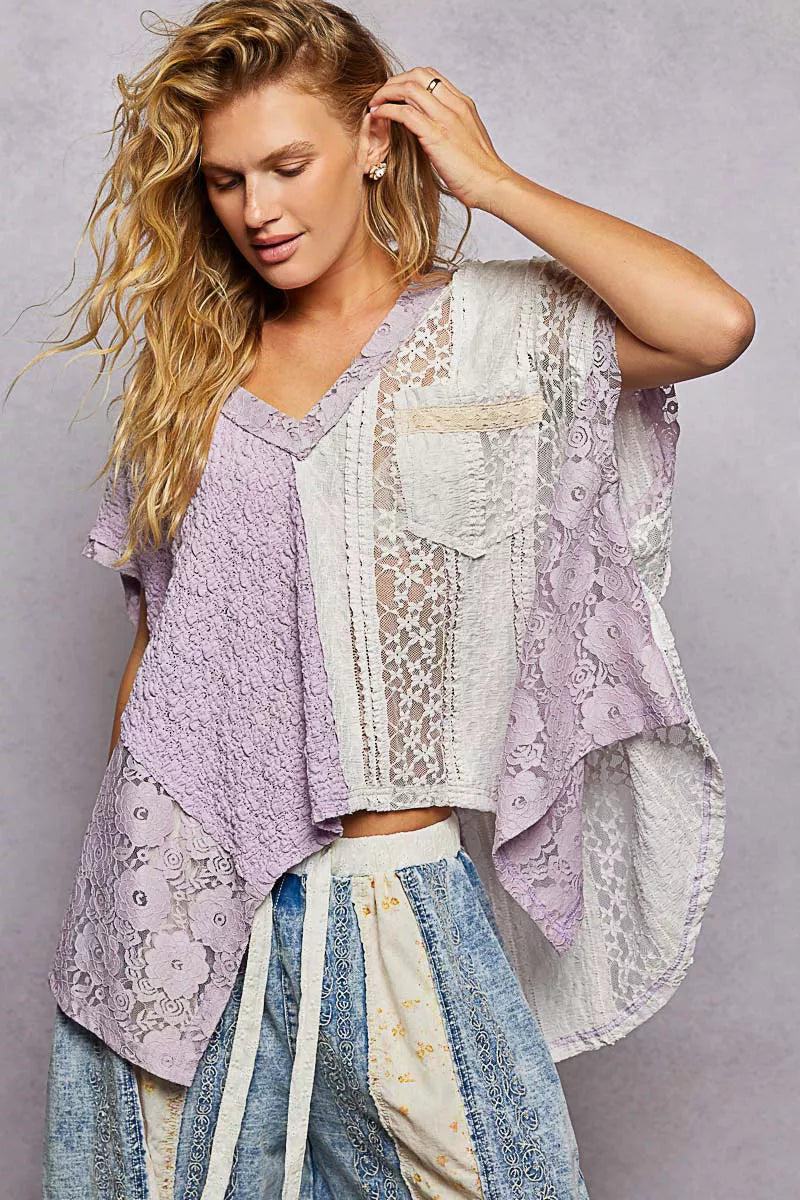 POL Asymmetrical V-Neck Short Sleeve Lace Top