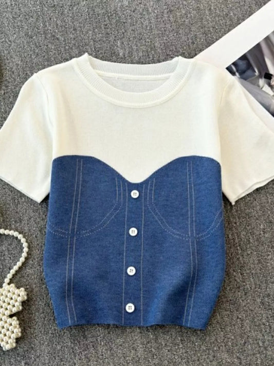 Color Block Short Sleeve Knit T-Shirt