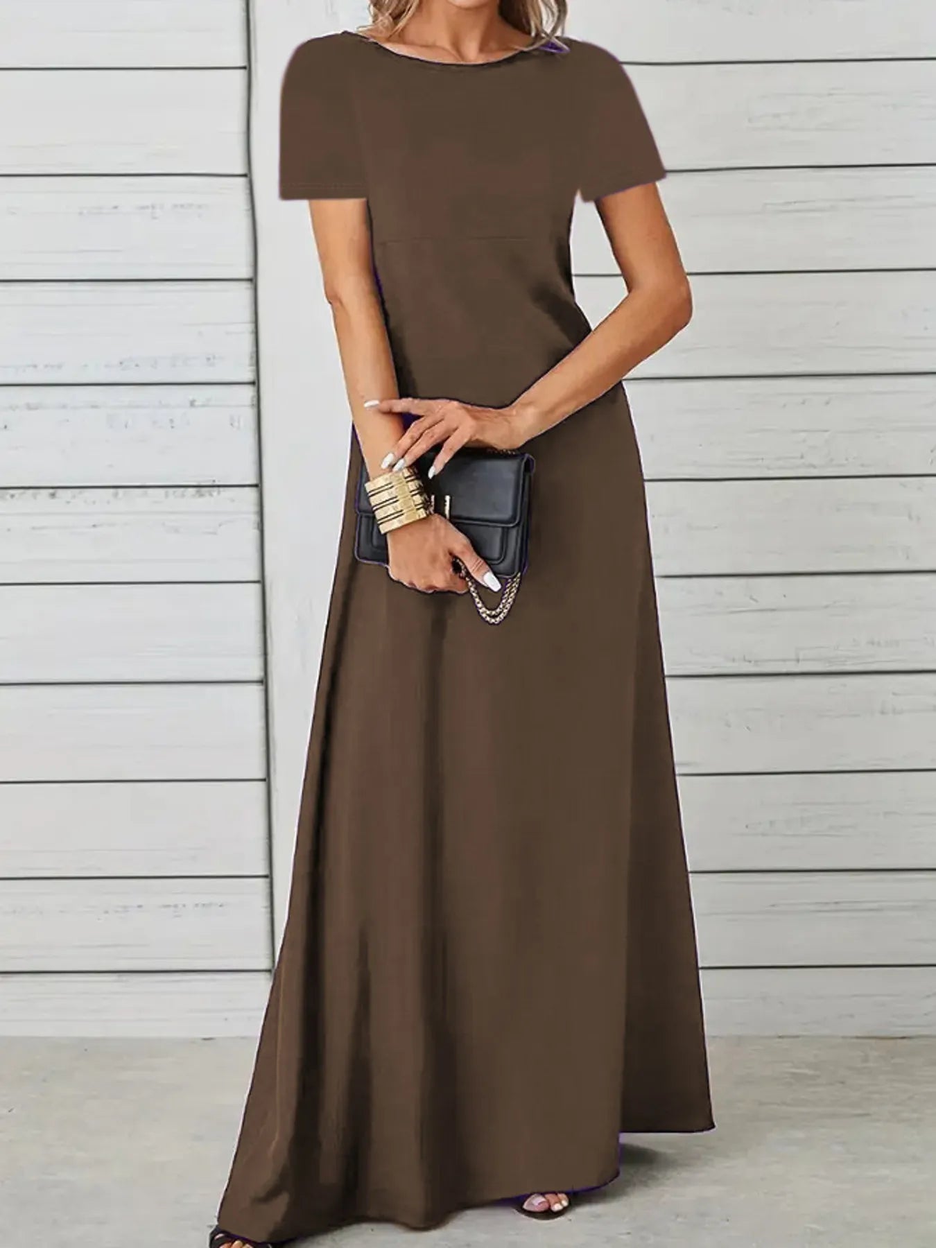 Full Size Round Neck Short Sleeve A-Line Maxi Dress Plus Size